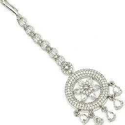 Elegant Silver Plated Beautiful American Diamond & CZ Studded Crystal Maang Tikka for Women and Girls-image-30