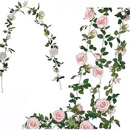 Artificial Rose Garland Artificial Silk Rose Flower Vines Hanging Floral Garland For Backdrop Wedding Party Garden Hotel Outdoor Wall Decorations (9 Flower, Pink), 5 Centimeters-25