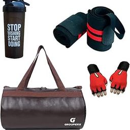 Combo Set of Duffle PU Leather Bag with Shaker Bottle-700ml, Gloves & Wrist Bag (Brown)-image-45