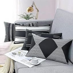 Adabana Outdoor Waterproof Lumbar Pillow Covers 12x20 Inch Set of 4 Black and White Modern Geometric Throw Pillows Cover Decorative Boho Pillow Covers for Patio Garden Porch-3