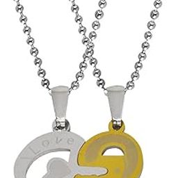 I Love You Engraved Couple Heart Lock Key Stylish Unisex Red Silver Metal Pendant Necklace Chain Set for Men and Women-image-49