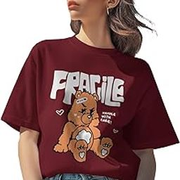 | Women's Drop Shoulder Boyfriend T-Shirt - Cute Fragile Teddy Bear Graphic Tee - Loose Fit Aesthetic Streetwear Top for Girls, Soft Cotton Casual Wear-image-60