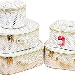 Luces 5 Pc Different Sizes Fabric Bag Set Purse Makeup Bag Toiletry Travel Cosmetic Storage Box Shaving Kit Wardrobe Organizer Jewellery Pouch for Women (Cream)-47