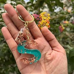 UniQ Creation Teal and Copper Foil Design Resin Keychain Resin Alphabet Initial Letter Keychain Key Ring for Man Women Grils Purse Handbags (S)-image-26