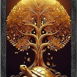 Dharvika Innovations Vastu kalpavriksha Golden Money Tree with Turtle Photo Frame, Black, 11x14 Inch, Sparkle Laminated 427-18
