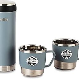 Cello My Cup Vacusteel Flask with Mugs Gift Set | Leak-Proof Design & Rust-Resistant Flask | Ideal for Coffee, Tea, Hot Chocolate, or Iced Beverages | 3 Unit, Grey-image-1