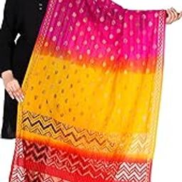 Rusell Cotton Silk Multicolour Women Traditional Dupatta, Gold Polka Dots Pattern, Chevron Border with Tassels-image-38
