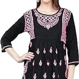 Hand Embroidered Lucknowi Chikankari Cotton A-Line Short Top Tunic for Women SCL9037-image-98