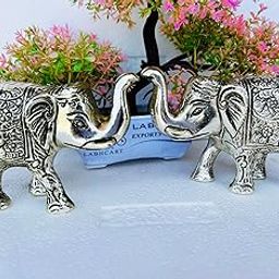 LABHCART Metal Elephant Pair Statue Decorative Silver-Toned Elephant Figurines Set, Metal Antique Design, Set of 2-image-89