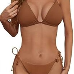 ANSARI HOSIERY Brazilian Tie Side Bikini Set, Halter Top and Thong Bottoms, Rani Pink-picture-16