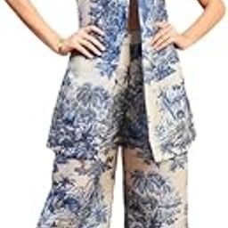 Floral Coord Set for Women, Dress for Women, Blue & White Printed 3-Piece Set - Sleeveless Jacket, Crop Top & Wide-Leg Pants-image-14