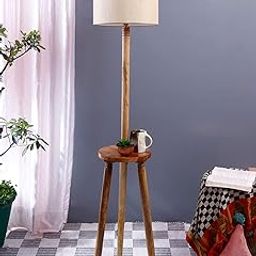 Devansh Off-White Cotton Drum Shade Wood Natural Table Floor lamp-image-2