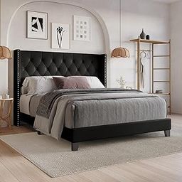 HITHOS Silk Solid Wood Queen Size Bed Without Storage Modern Upholstered Headboard Double Bed Wooden Cot Palang for Living Room Bedroom Home (Black) -3 Year Warranty-image-28
