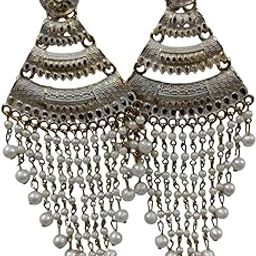 Vintage Bohemian Chandelier Earrings with Beaded Tassels, Antique Gold Design, Available in Maroon, Pearl White, Pink-image-38