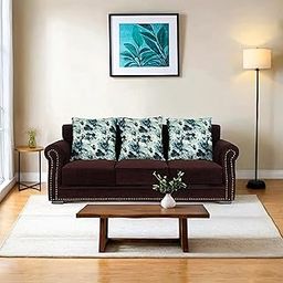 Peachtree Alton 3 Seater Sofa with Velvet Printed 3 Pillows for Living Room, Mango Wooden Frame & Iron Leg| Malfino Fabric Sofa for Dining Room, Hall, 3 Year Warranty | Padded Armstyle (Dark Brown)-image-23