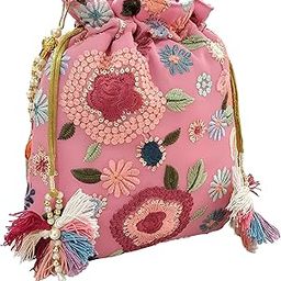 Women's Embroidered Polti Bag with Pearl Handle and Tassel - Bridal Ethnic Traditional Casual Purse/Clutch/Handbag, (21 L X 2 W X 23 H C, Light Pink)-image-105