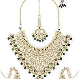 Green Stones Cascading Kundan Bridal Necklace Earring & Maangtikka Set For Women-ZPFK21310-image-71