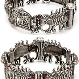 sanjog Women's Brass Metal Ethnic Rajasthani Design Oxidized Silver Colored Bracelet for Women/Girls - PacK Of 2-picture-19
