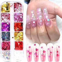 3D Heart Nail Art Stickers Glitter Decals Love Nail Sequins Laser Heart Nail Supplies Sparkle Nail Flakes Mixed Size Colorful Shiny Design Charms Nail Decorations Accessories-image-55