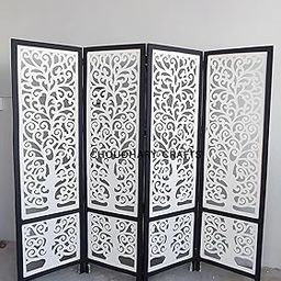 CHOUDHARY Crafts Decorative Room Divider Screen, 4-Panel Folding Privacy Partition with Floral Cutwork Design, White and Black-image-73