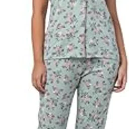 clovia Women's Cotton Printed Shirt & Pyjama Set in Light Green Colour-picture-2