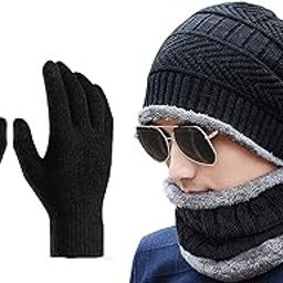 Winter Knit Beanie Cap Hat Neck Warmer Scarf and Woolen Gloves Set for Men & Women (3 Piece)-image-74