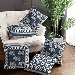 Animal Print Cotton 144 TC Cushion Cover Set Of 5, Decorative Covers For Sofa,Bedroom,Living Room (16 * 16) (Darkblue)-20