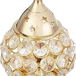 Amazon Brand - Solimo Akhand Diya/Oil Lamp for Puja, Home Décor and Diwali, Matki Shape, Brass-and-Crystal (Medium)-image-36