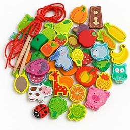 Tokid Toys ® Montessori Wooden Bead Lacing Toy for Toddlers & Preschoolers – 35+ Colorful Animal & Fruit Beads with 4 Safety Laces – Fine Motor Skill Development & Early Learning Activity Set-8
