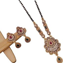 PRABHABEN JAGDISHBHAI BHINSARA Ethnic Matte Polish Rajvadi Magalsutra In 20 inch length Chian with Earrinhgs & Emerald Beads For Women-image-27