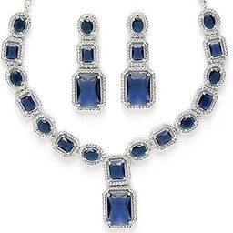 Jewellery Rhodium Plated Silver Blue American Diamond Studded Imperial Charm Necklace Jewellery Set For Women-image-80