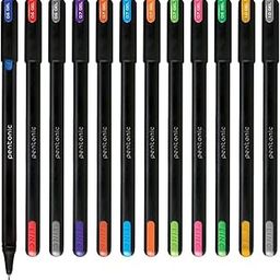 Pentonic Multicolor Gel Pen With Hard Box Case | 0.6 mm-1.0 mm | Sleek Matt Finish, Featherlite feel | Waterproof Gel Ink, Ultra- Low Viscosity Ink | Black Body, 12 Pcs Set-12