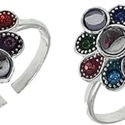 Pure Silver (Chandi) Antique Round Designer With Multi - Color Kundan Work Small Cz Toe Rings/Bichiya For Women ~ Pack in 2 Pieces Set-image-45