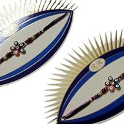 Evil Eye Bracelet Rakhi Set of 2 for Brother Boys Kids - Small & Big Blue Beaded Rakhi with Best Wishes Greeting Card & Roli Chawal-23