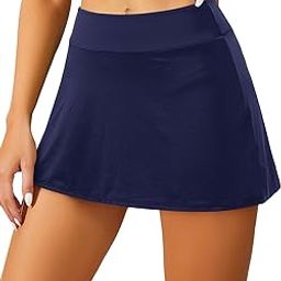 Women Swim Skirt Solid Color Waistband Swim Bottoms Mid Waist Blue Swimsuit Bottoms Build-in Brief Bathing Suit S-picture-13