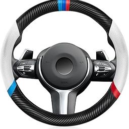 KEYOZA Carbon Fiber Steering Wheel Cover, Non-Slip and Sweat Absorbent, White 15" Steering Wheel Covers for X5 X3 Men Women(Black with White)-picture-24