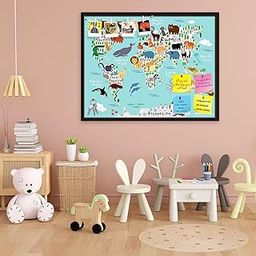 ArtzFolio Animal Map of The World for Children & Kids Printed Bulletin Board Notice Pin Board Soft Board | Dark Brown Frame 15.2 X 12Inch-21