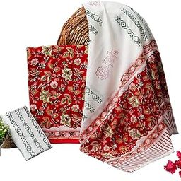 Kwatchi Woman's & Girls Exclusive Handblock Handmade Floral Printed Unstitched Pure Cotton Dress Materials With Cotton Dupatta (Red)-picture-3