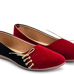 Women's Two-Tone Velvet Ballet Flats, Red and Black with Gold Lacing Detail, Casual Comfort-image-124