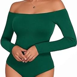 Off The Shoulder Long Sleeve Short Sleeve Bodysuit for Women, Long Sleeve Deep Green, X-Large-image-19