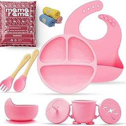 Mamarama 11 Piece Silicone Baby Feeding Set, Complete Mealtime Essentials, Includes Suction Bowl, Plate, Cup with Straw & Snack Lid, Fork, Spoon, Bib, and 3 Napkins for Babies and Toddlers (Pink)-7