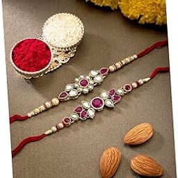 Peora Rakhshabandhan Thread Rakhi for Brother Bhaiya | Kundan Beads & Crystal Studded | Combo Set of 2 | Rakhi Hamper Roli Chawal & Greeting Card-image-2
