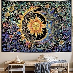 MAKABEE Sun and Moon Tapestry Psychedelic Mystic Floral Tapestry Hippie Boho Flower Plants Wall Tapestry Vintage Aesthetic Tapestry Wall Hanging for Bedroom (Tarot Style Sun and Moon (51inch x 59inch))-image-34