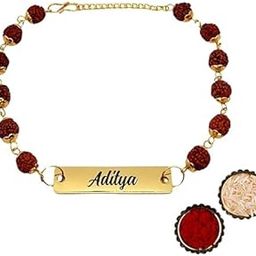 Mahajan Creation Personalized Rudraksha Rakhi for Brother with Name | Custom Handmade Rakhi Bracelet for Men | Raksha Bandhan Gift with Gold Plated Name Tag-51