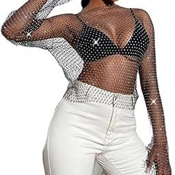 Women's Sheer Mesh Puff Long Sleeve Tops Sexy See Through Shirts Glitter Sequin Blouses One-Piece Cover Up Streetwear Top-image-55