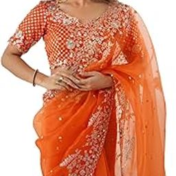Women's Organza Sequence Embroidery Saree With Unstitched Blouse Piece-0