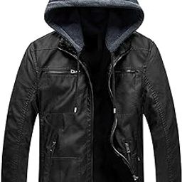 Men's Faux Leather Hooded Motorcycle Jacket with Pockets Removable Hood-image-49