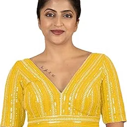 pu fashion Stylish Designer Readymade Blouse for Women Golden Zari & Sequin Embroidered Padded Blouse Back Hook Closure, Deep V Neck Perfect for Haldi Festive, Wedding & Party-picture-6