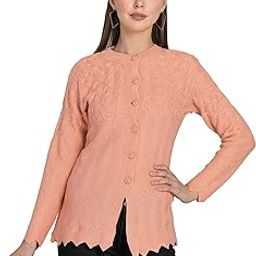 Women Woolen Round Neck Cardigan With Heavy Front Embroidery - Winter Wear Pure Wool Long Cotty Fully Warm Daffodil Fabric (Peach, S)-image-107