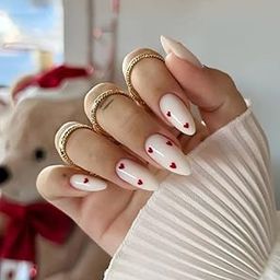 Set Of14Pc, Press-On, Short Almond Glossy White with Red Hearts Design, Nail Extensions With Free Glue Kit-image-54